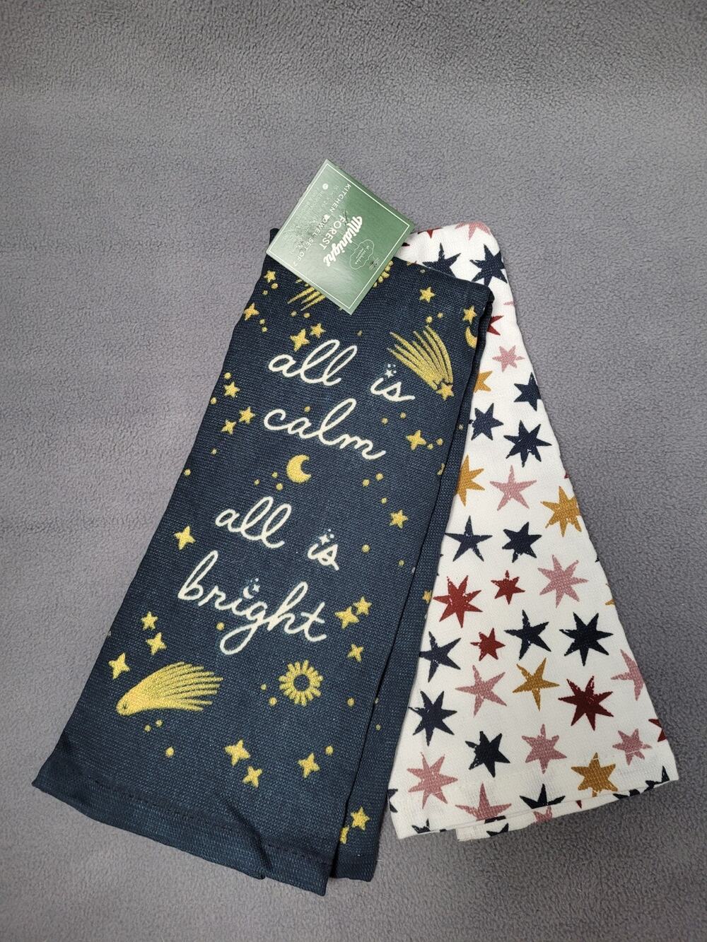 St. Nicholas Square Christmas Kitchen Towels "All is Bright" Blue Gold Stars 2pk